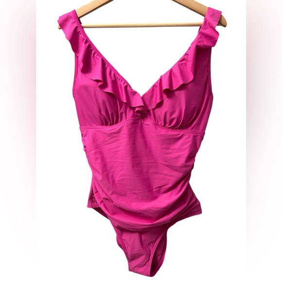 DKNY Ruffled Plunge V-Neck Shirred One-Piece Swimsuit - Picture 2 of 5